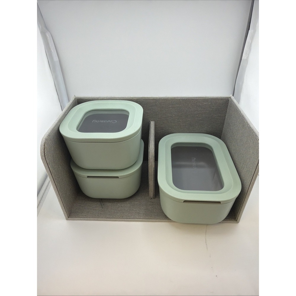 Caraway Ceramic & Glass Lot Of 3 Storage Containers Gray W/Lids And Storage Bin